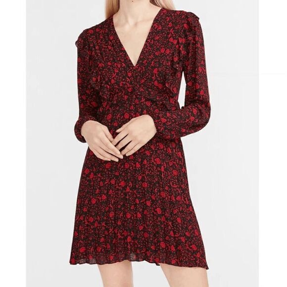Express Black Red Rose Floral Pleated Long Sleeve V Neck Dress XL - Picture 9 of 11